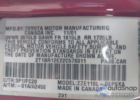 2002 Toyota Corolla S from USA, damaged, VIN 2T1BR12E22C578011